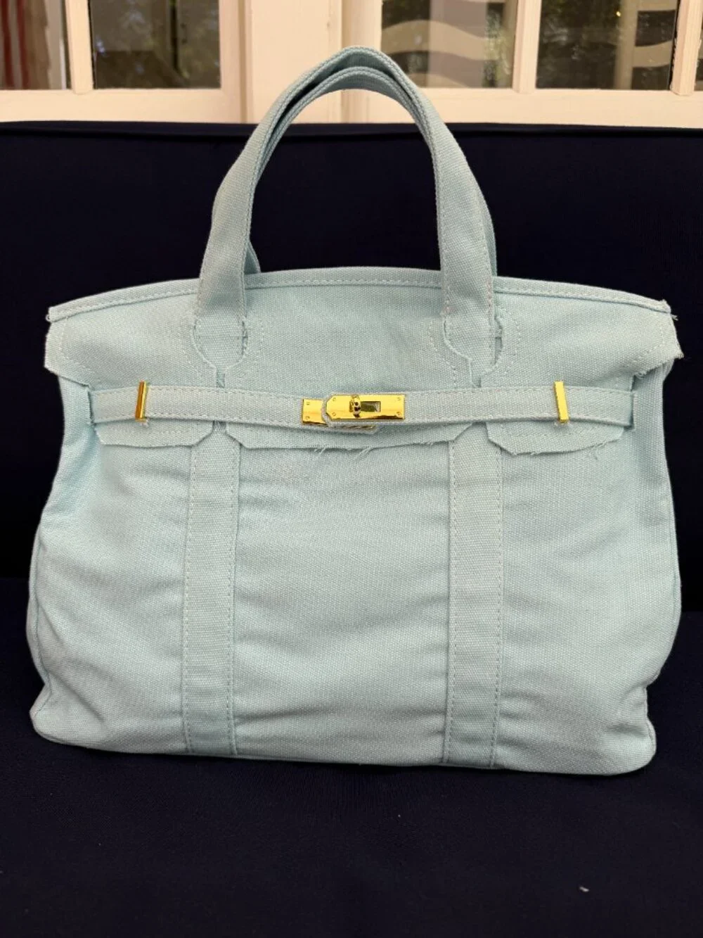 NWOT Boatkin Birkin Canvas Bag Tote Light Blue Gold Color Hardware